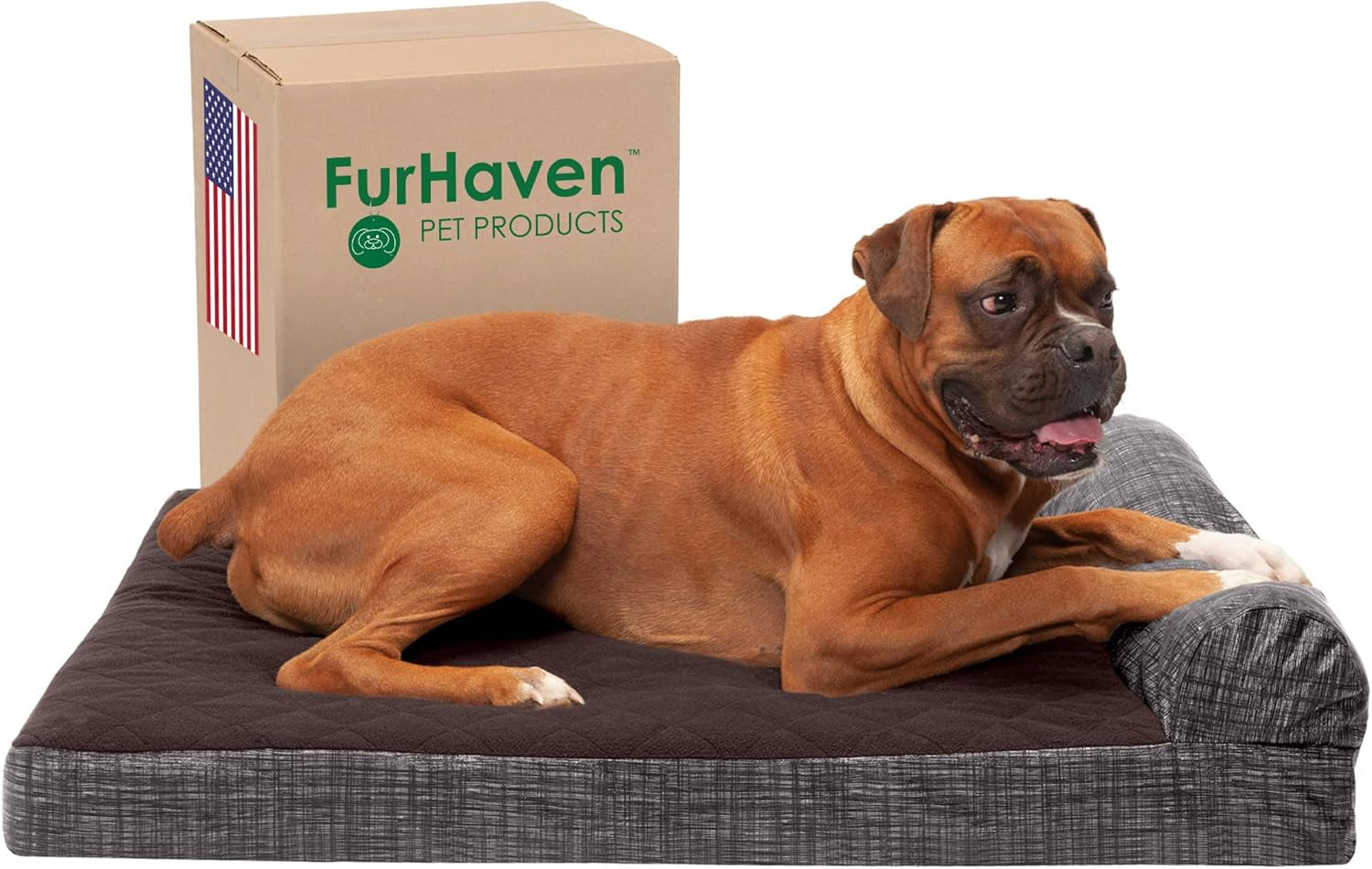 Memory Foam Dog Bed for Large/Medium Dogs W/ Removable Bolster & Washable Cover, for Dogs up to 55 Lbs - Quilted Fleece & Suede Print Bolster Chaise - Espresso, Large