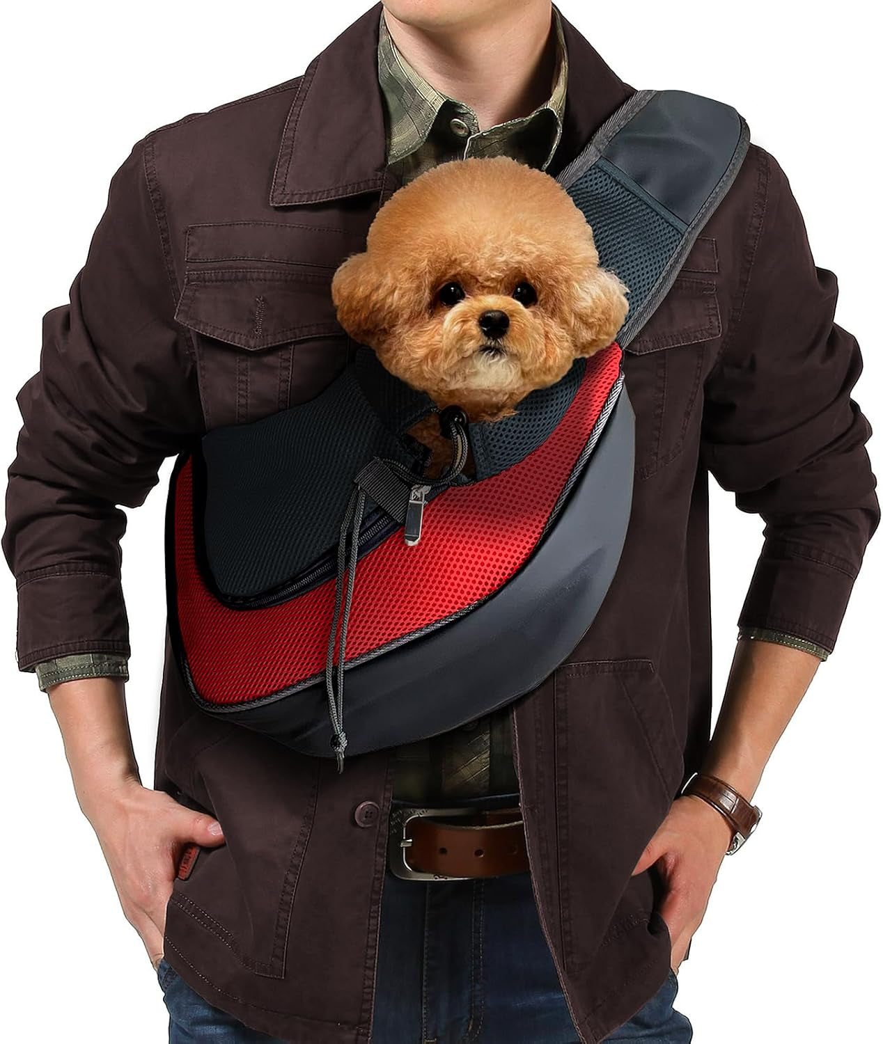 Pet Dog Sling Carrier, Breathable Mesh Adjustable Puppy Sling Carrier Hand Free for Small Dog Cat Rabbit, M, Red