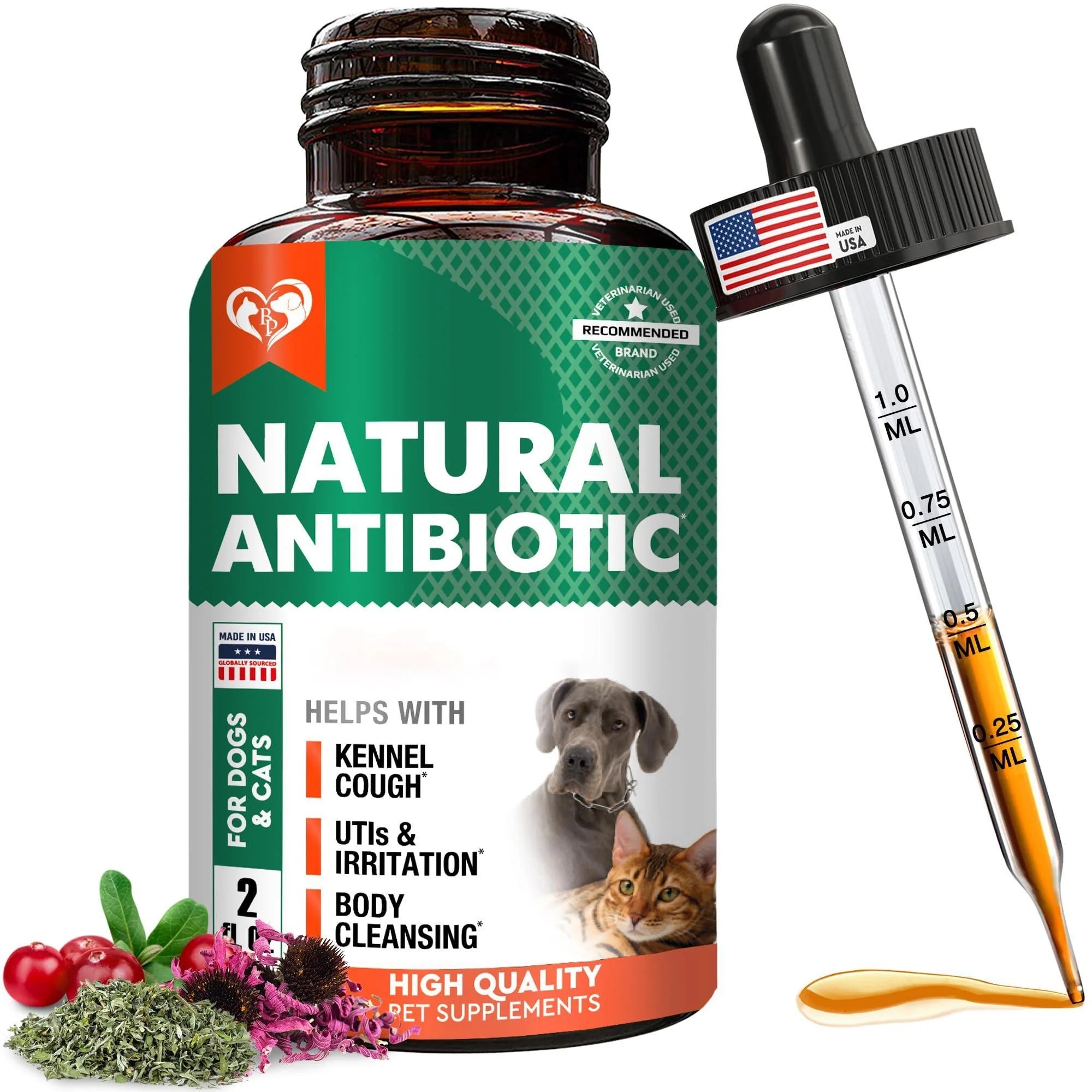 Natural Herbal Antibiotics for Cats and Dogs Kennel Cough Relief & Urinary Tract Support Cranberry UTI Treatment Pet Supplement Respiratory & Cold Infection Medicine Made in USA