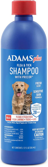 Adams plus Flea & Tick Shampoo with Precor for Cats, Kittens, Dogs & Puppies over 12 Weeks of Age Sensitive Skin Flea Treatment | Kills Adult Fleas, Flea Eggs, Ticks, and Lice| 12 Ounces