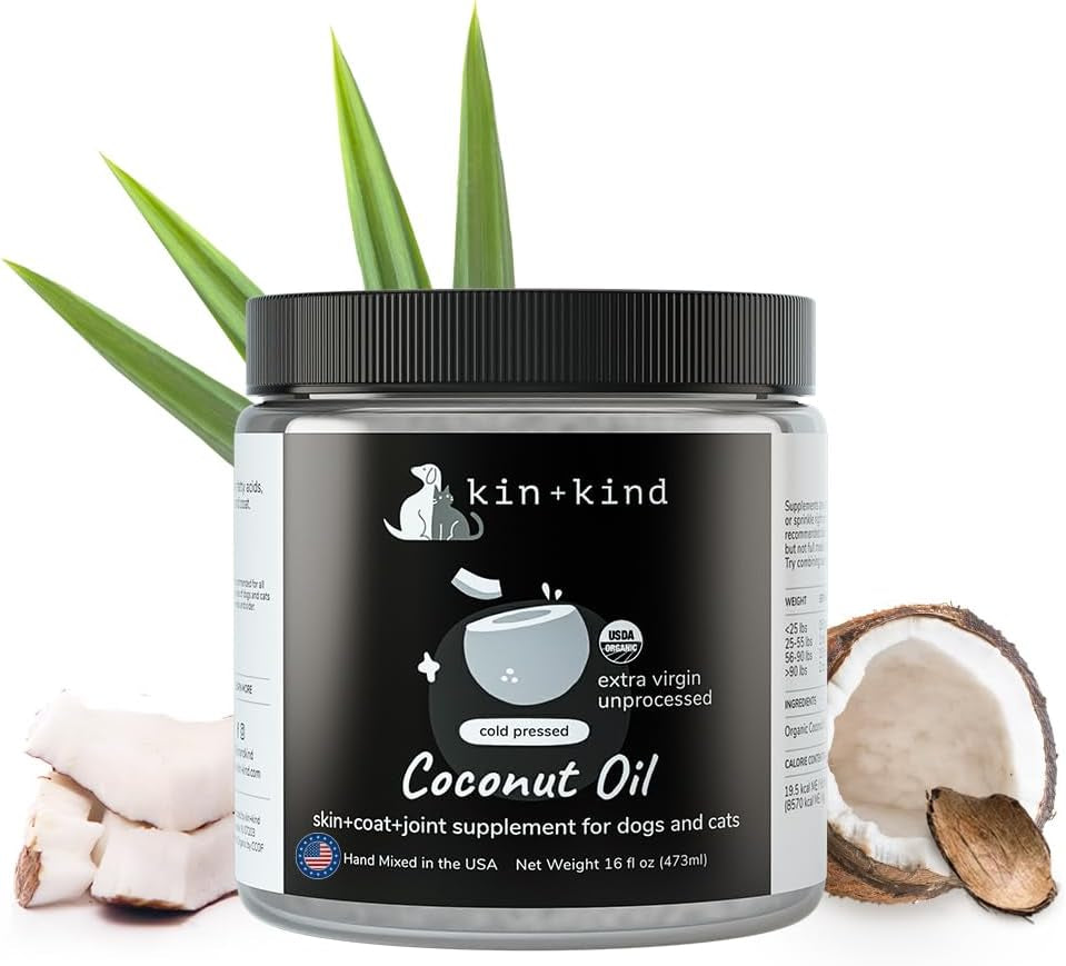 Organic Coconut Oil Pet Supplement for Dogs & Cats - Natural Skin and Coat Support with Cold Pressed Extra Virgin Coconut Oil - Itchy Skin & Dry Cracked Noses - Made in USA - 16 Fl Oz (Large)