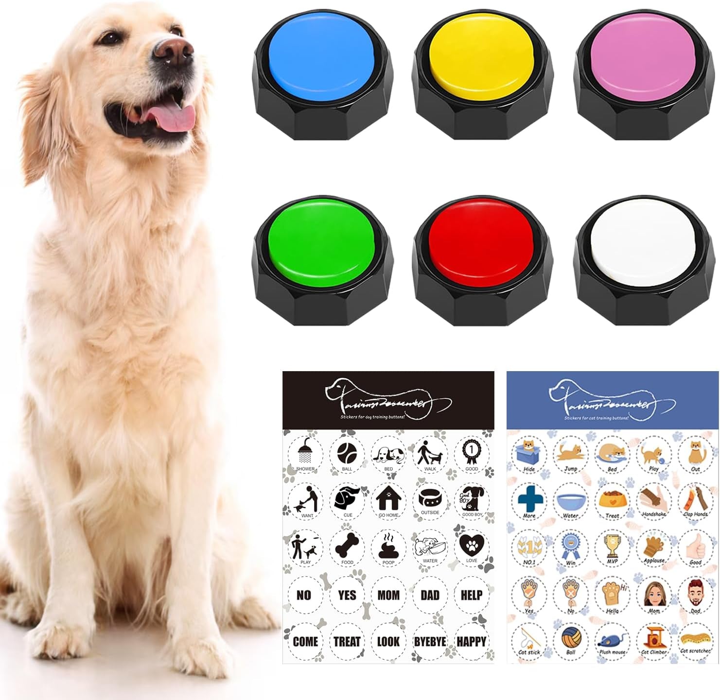 Set of 4 Dog Buttons, Dog Buttons for Communication, Dog Speaking Buttons, Recordable Buttons, Dog Touch Buttons, 25 Training Stickers, Teach Your Dog to Talk!