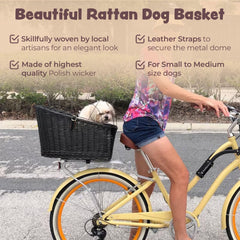 Natural Wicker Dog Bike Basket - 100% Organic Rattan Pet Carrier with Protective Grille - Eco Friendly Design - Soft Cotton Cushion & Mounting Bracket for Secure Bicycle Rear Luggage Rack