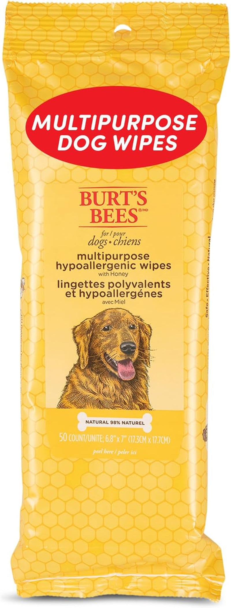 Multipurpose Dog Wipes with Honey, 98% Natural Origin Formulas, Hypoallergenic Dogs Wipe, Canine Cleaning Sheets for Paws and Butt, 3 Pk, 50Ct