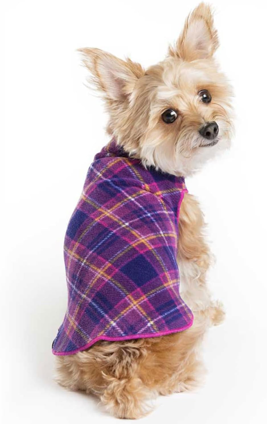Goldpaw Stretchy Fleece Jacket for Small Dogs - Super Soft, Warm Dog Sweater - Pet Sweater Vest for Fall and Winter - Canine Clothes Made in the USA - Machine Washable - Mulberry Plaid - Size 16