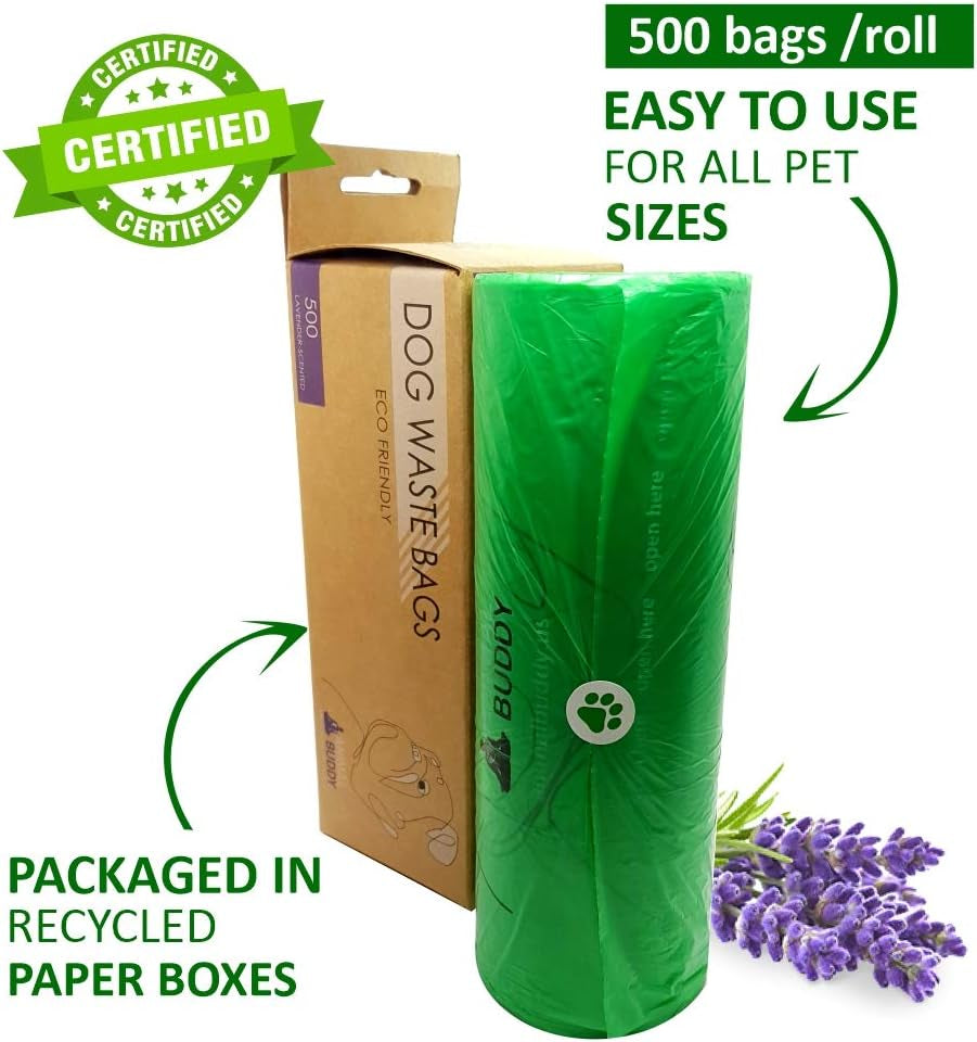 Dog Waste Bags - Disposable Biodegradable Poop Baggies - 12-Micron, No Leak or Odor Doggie Poopy Container - Recyclable Paper Box - 9X13" Roll, Lavender Scented, 500 Pieces