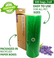 Dog Waste Bags - Disposable Biodegradable Poop Baggies - 12-Micron, No Leak or Odor Doggie Poopy Container - Recyclable Paper Box - 9X13" Roll, Lavender Scented, 500 Pieces