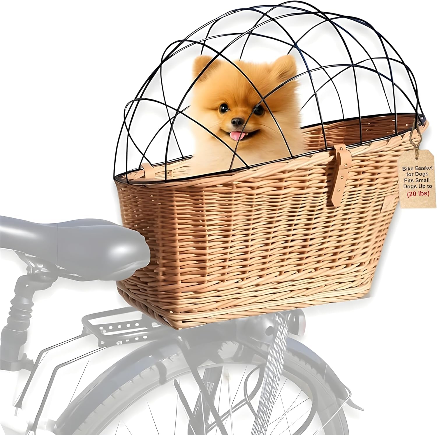 Natural Wicker Dog Bike Basket - 100% Organic Rattan Pet Carrier with Protective Grille - Eco Friendly Design - Soft Cotton Cushion & Mounting Bracket for Secure Bicycle Rear Luggage Rack