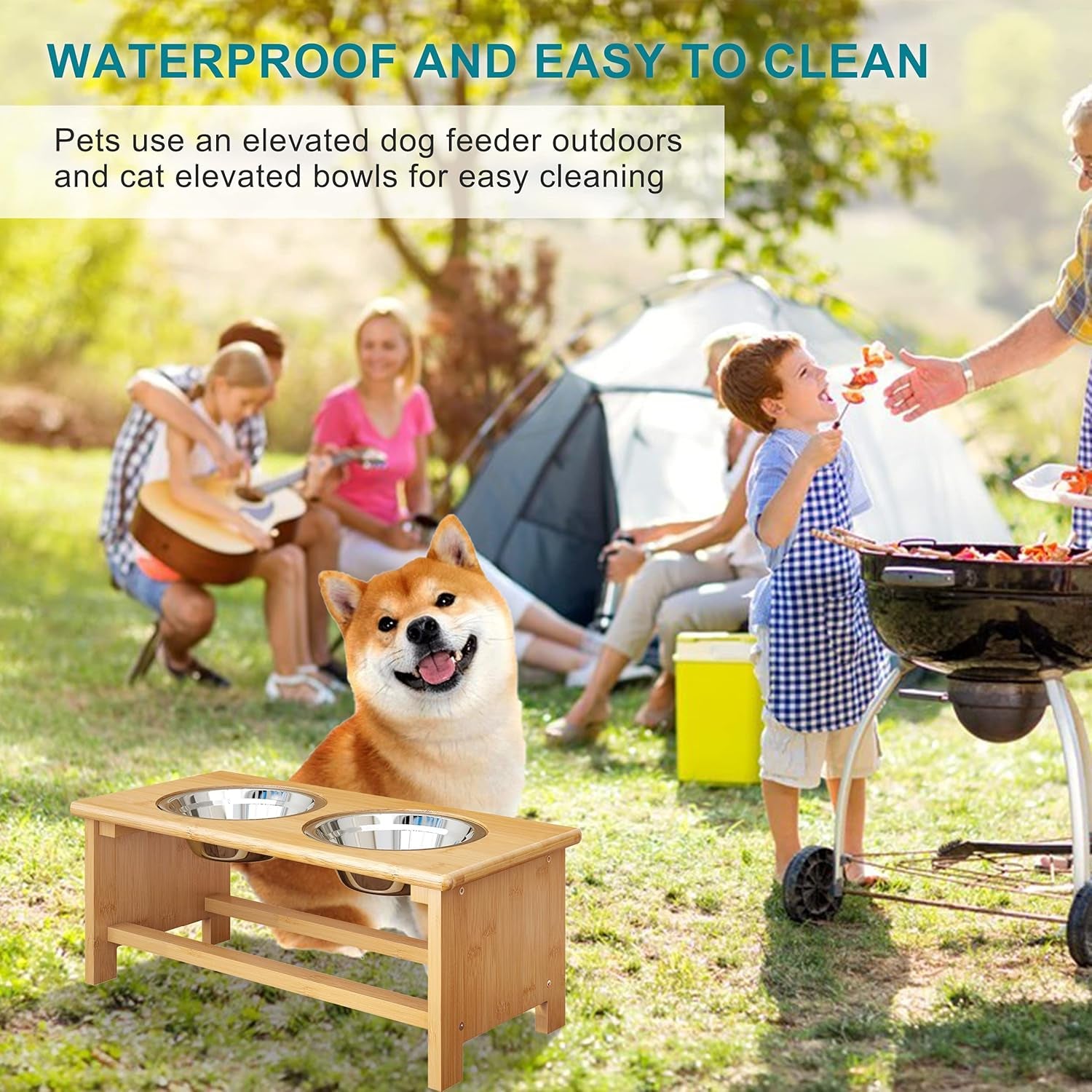 Elevated Dog Bowls for Medium Dog Bowl Stand Bamboo Raised Dog Cat Bowl Food and Water Bowls Elevated Feeder with 2 Stainless Steel Bowls and anti Slip Feet - 4 Sizes for Small to Large Dogs