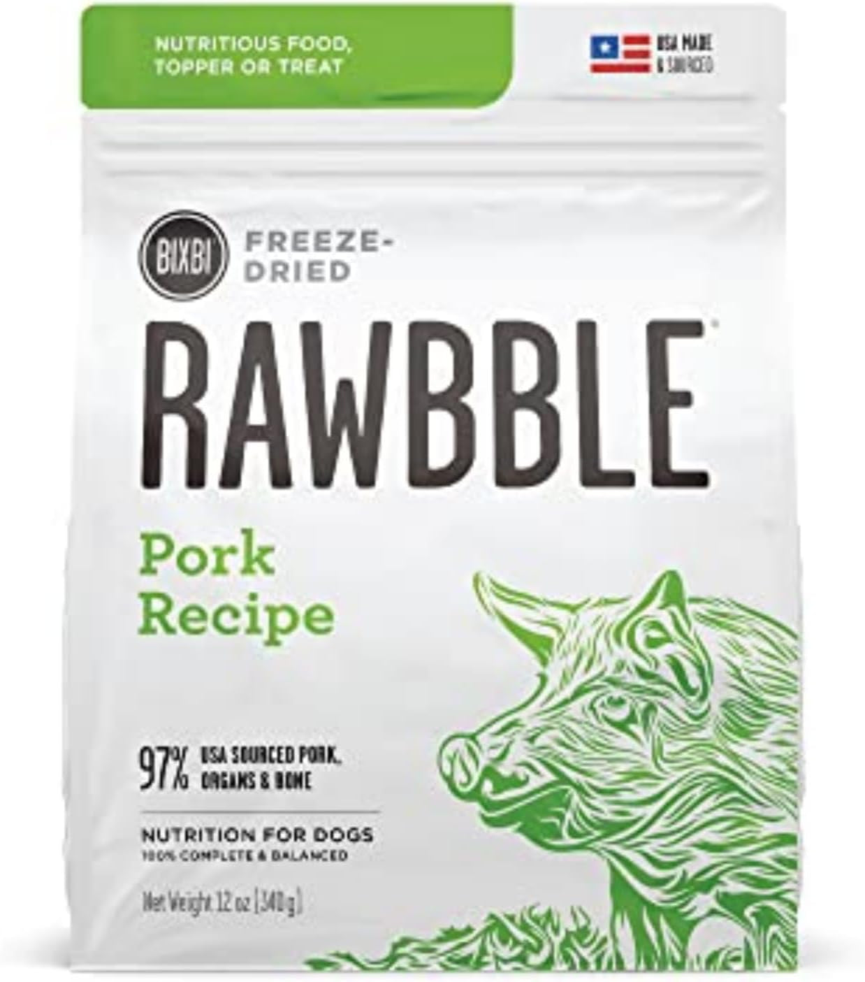 Rawbble Freeze Dried Dog Food, Pork Recipe, 26 Oz - 97% Meat and Organs, No Fillers - Pantry-Friendly Raw Dog Food for Meal, Treat or Food Topper - USA Made in Small Batches