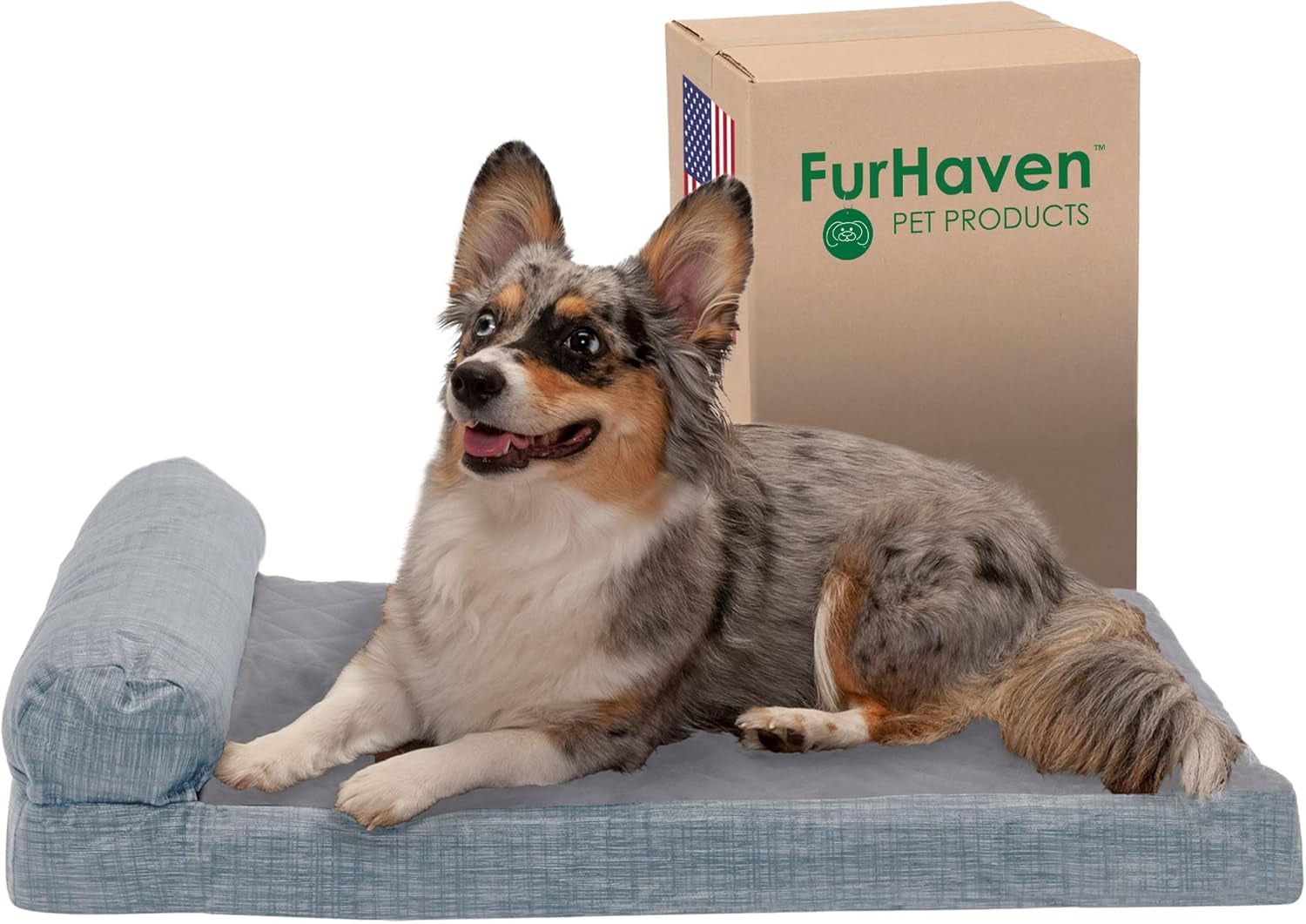 Memory Foam Dog Bed for Large/Medium Dogs W/ Removable Bolster & Washable Cover, for Dogs up to 55 Lbs - Quilted Fleece & Suede Print Bolster Chaise - Espresso, Large