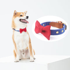 Soft & Comfy Cute Adjustable Leather Dog Collar and Cat Collar with Pink Bow Tie for Small Medium Dog and Cat