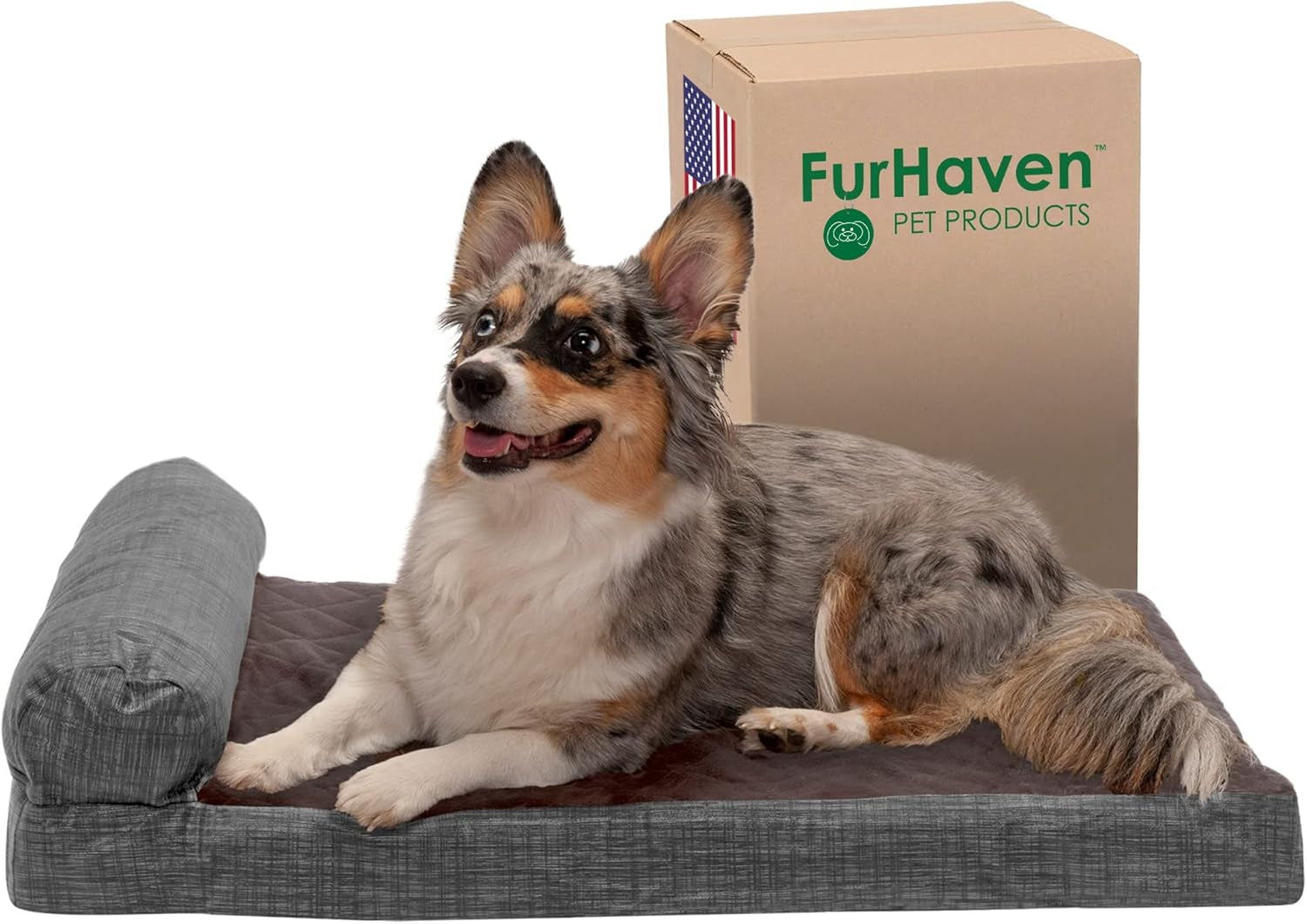 Memory Foam Dog Bed for Large/Medium Dogs W/ Removable Bolster & Washable Cover, for Dogs up to 55 Lbs - Quilted Fleece & Suede Print Bolster Chaise - Espresso, Large