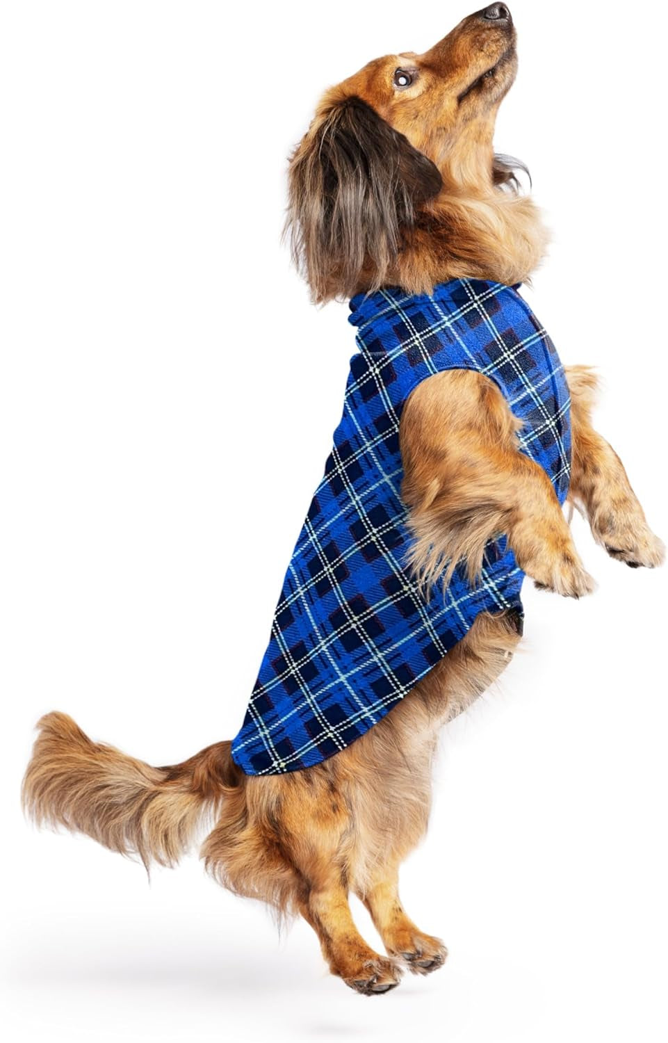 Goldpaw Stretchy Fleece Jacket for Small Dogs - Super Soft, Warm Dog Sweater - Pet Sweater Vest for Fall and Winter - Canine Clothes Made in the USA - Machine Washable - Mulberry Plaid - Size 16