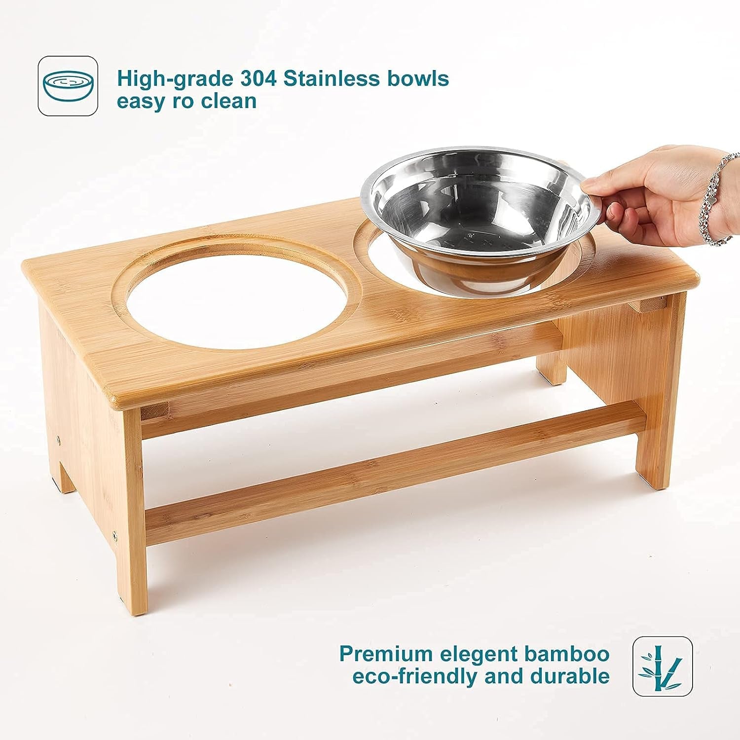Elevated Dog Bowls for Medium Dog Bowl Stand Bamboo Raised Dog Cat Bowl Food and Water Bowls Elevated Feeder with 2 Stainless Steel Bowls and anti Slip Feet - 4 Sizes for Small to Large Dogs