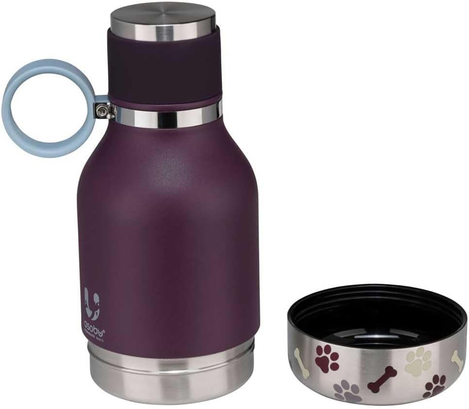 Buddy Bottle a Stainless Steel Insulated Water Bottle for with Removable Dog Water Bowl and Dog Food and Treat Storage Bowl (Burgundy, 37 Oz Water Bottle with Bowl)