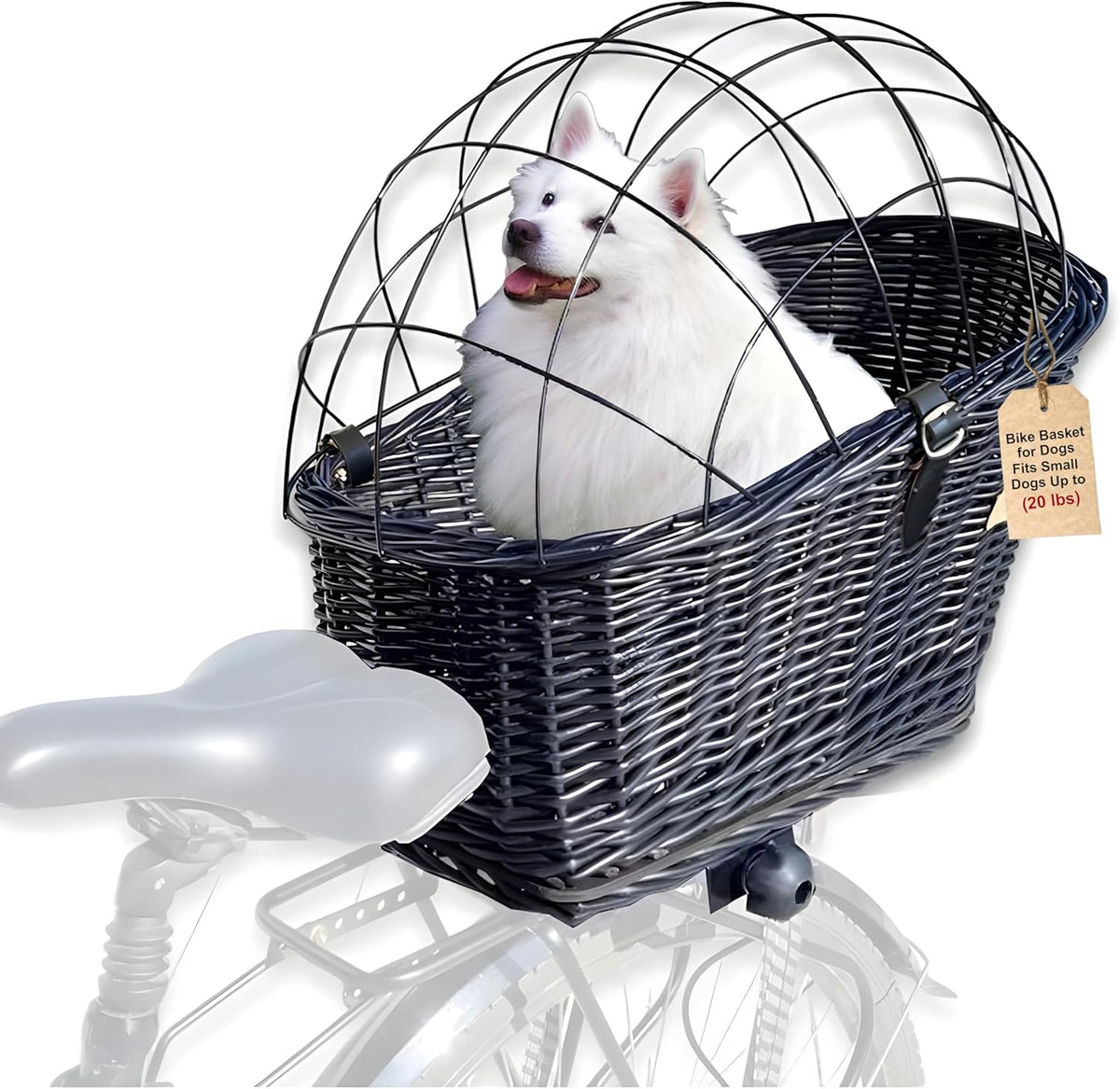 Natural Wicker Dog Bike Basket - 100% Organic Rattan Pet Carrier with Protective Grille - Eco Friendly Design - Soft Cotton Cushion & Mounting Bracket for Secure Bicycle Rear Luggage Rack