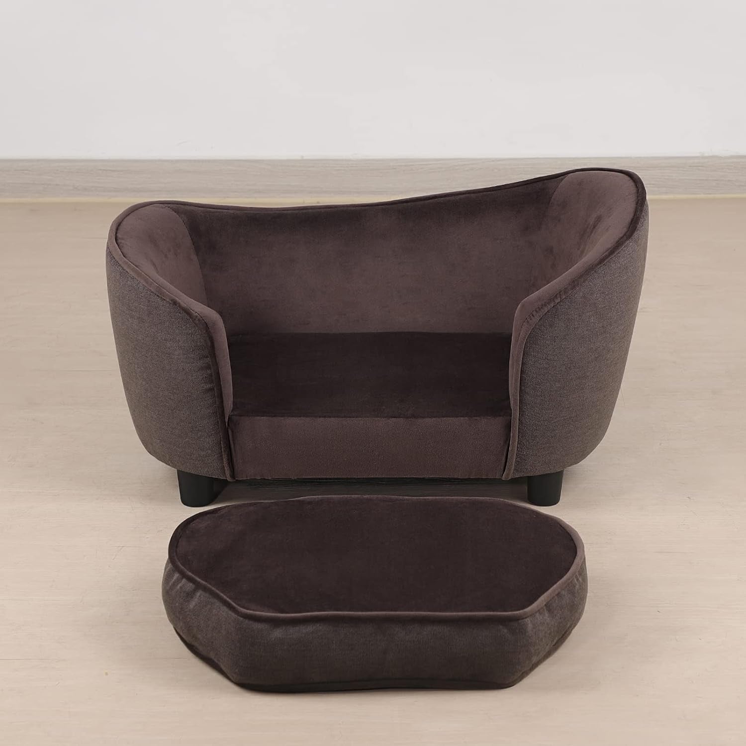 Pet Sofa Bed, Velvet & Linen Fabric Pet Couch Chair with Removeable & Washable Cushion for Small Dogs Cats (Brown)