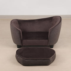 Pet Sofa Bed, Velvet & Linen Fabric Pet Couch Chair with Removeable & Washable Cushion for Small Dogs Cats (Brown)