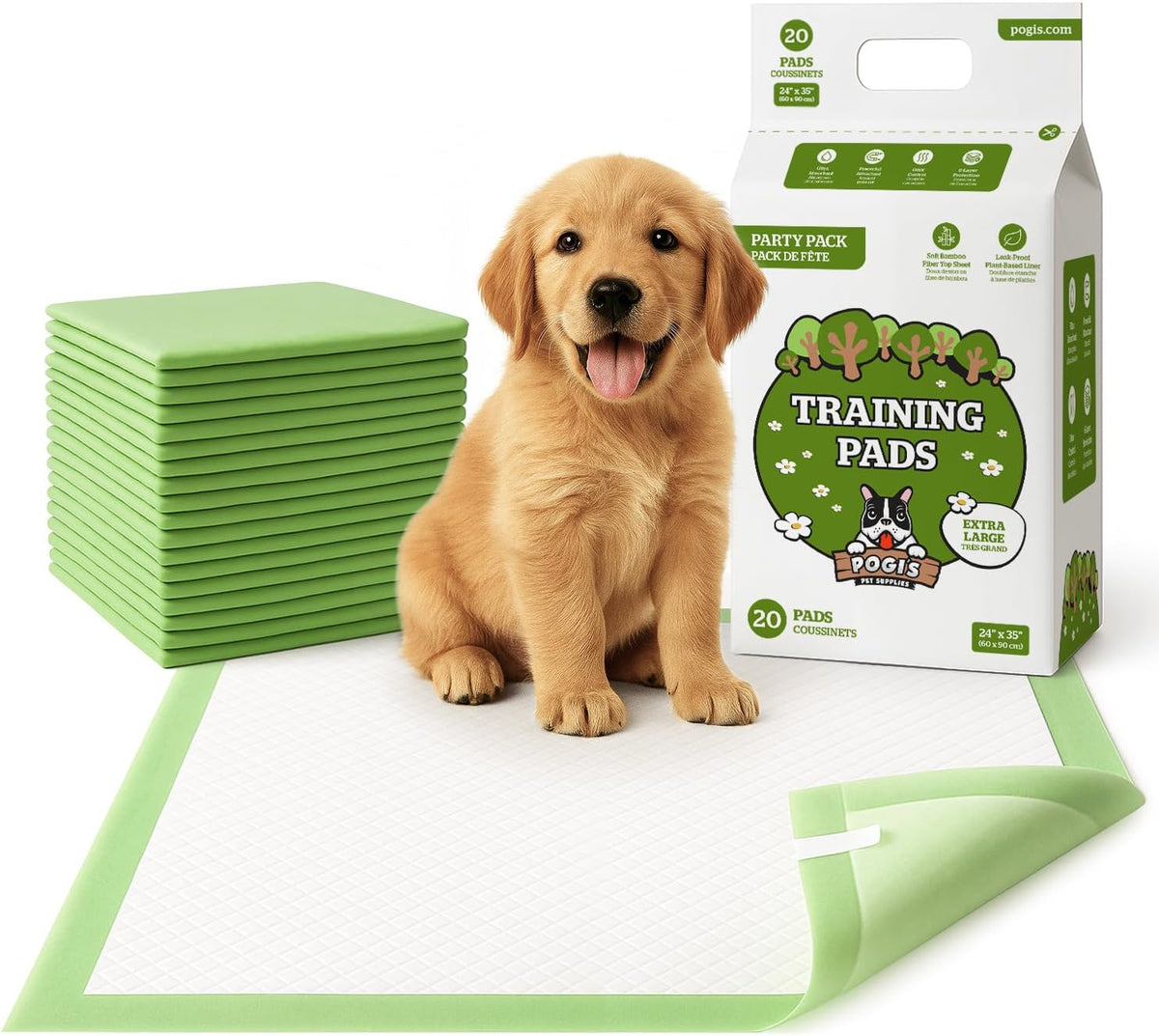 Pogi’S Dog Pads with Sticky Tabs – Large, Super Absorbent, Odor Blocking, 20-Count (24X24In)