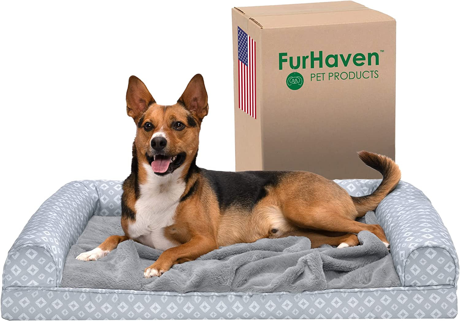 Memory Foam Dog Bed for Large/Medium Dogs W/ Removable Bolster & Washable Cover, for Dogs up to 55 Lbs - Quilted Fleece & Suede Print Bolster Chaise - Espresso, Large