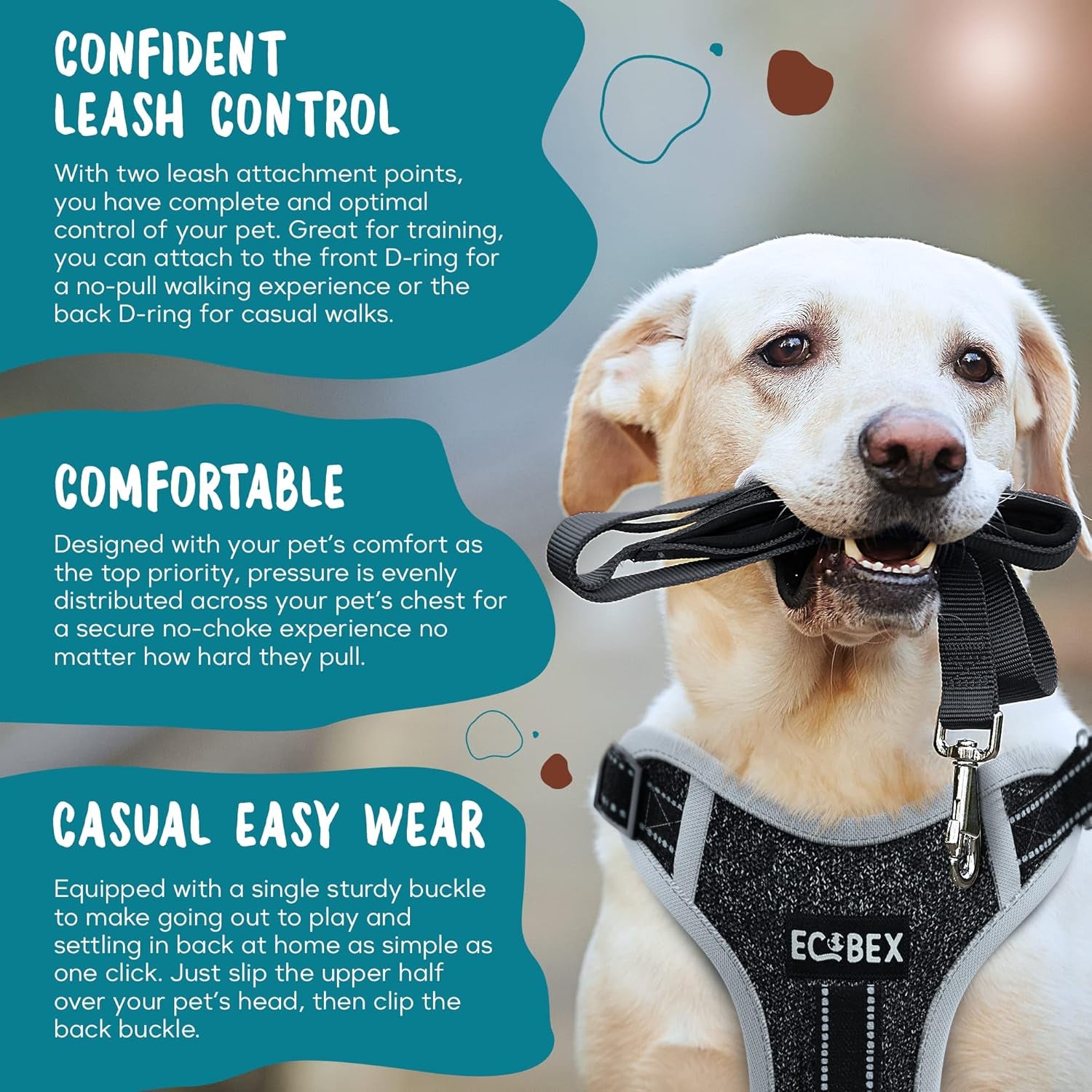 Eco-Adventurer Dog Harness, Eco-Friendly, No-Pull and No-Escape Design, Adjustable, Durable and Comfortable, Front Clip for Training, Made from Recycled Plastic, Blue, Small