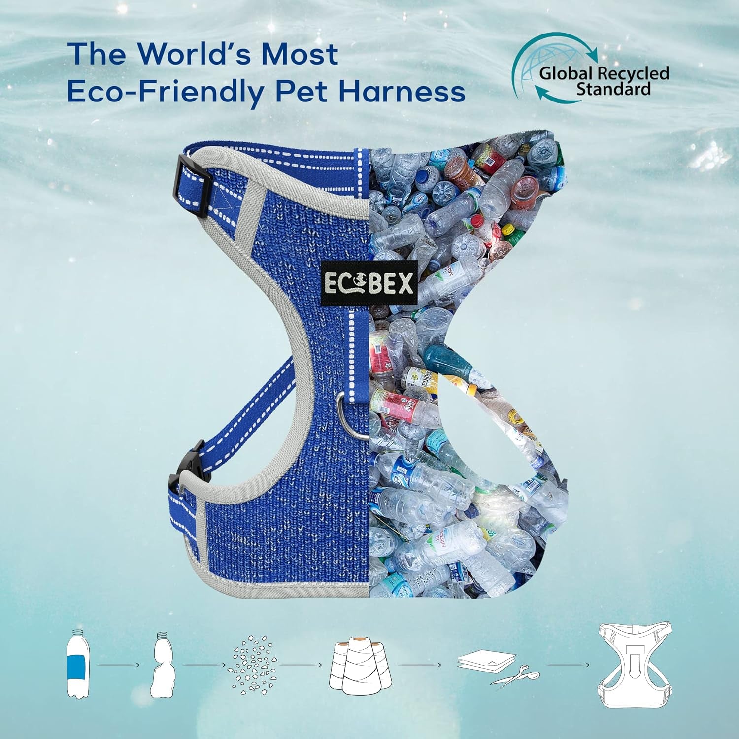 Eco-Adventurer Dog Harness, Eco-Friendly, No-Pull and No-Escape Design, Adjustable, Durable and Comfortable, Front Clip for Training, Made from Recycled Plastic, Blue, Small