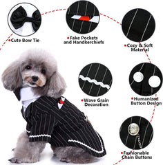 Dog Black Suit Costume, Pet Halloween Costume with Bow Tie, Formal Boston Tuxedo Shirt for Small Medium Large Puppy Dogs, Cat Dark Bride Costume Prince Wedding Clothes