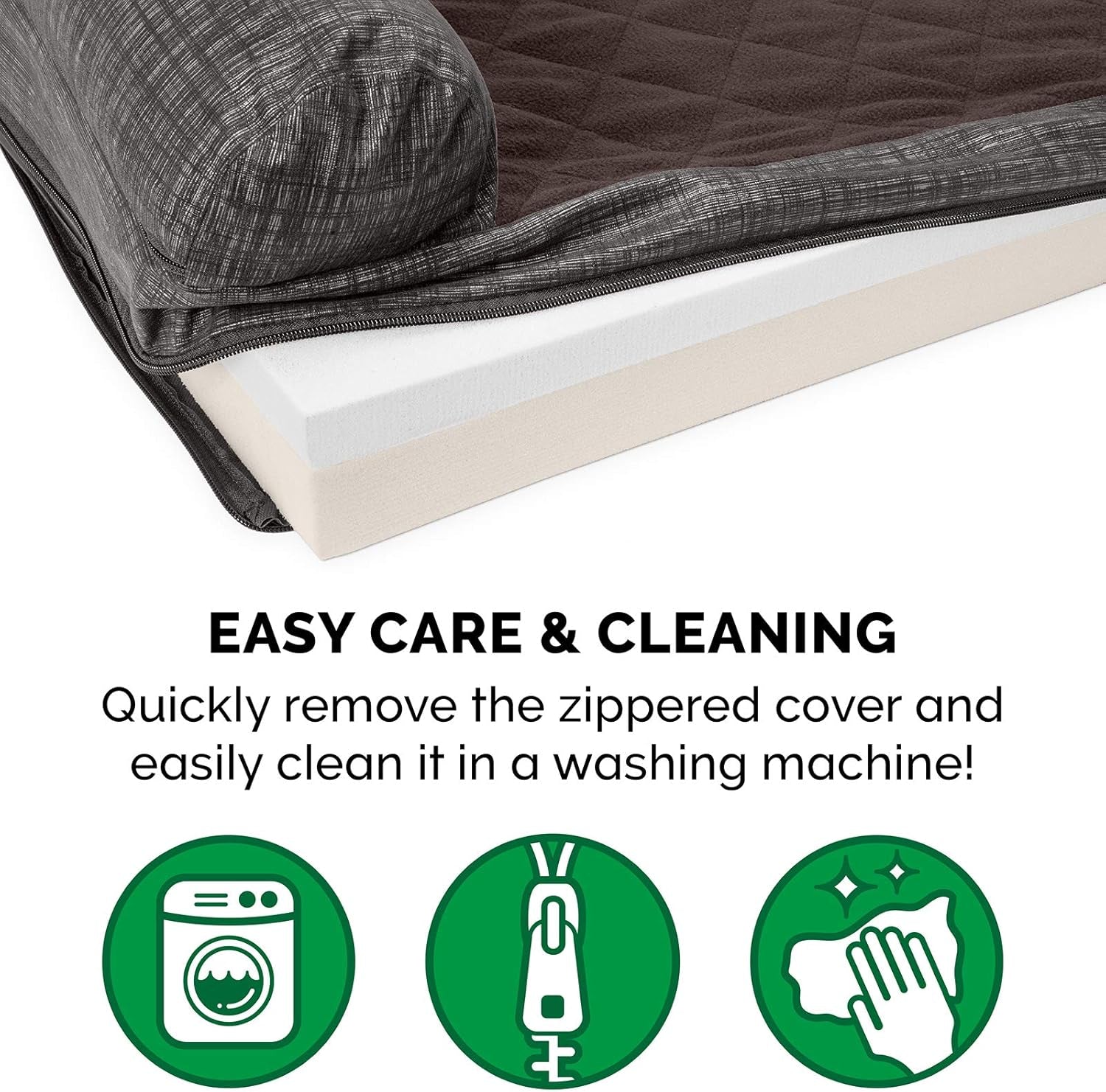 Memory Foam Dog Bed for Large/Medium Dogs W/ Removable Bolster & Washable Cover, for Dogs up to 55 Lbs - Quilted Fleece & Suede Print Bolster Chaise - Espresso, Large