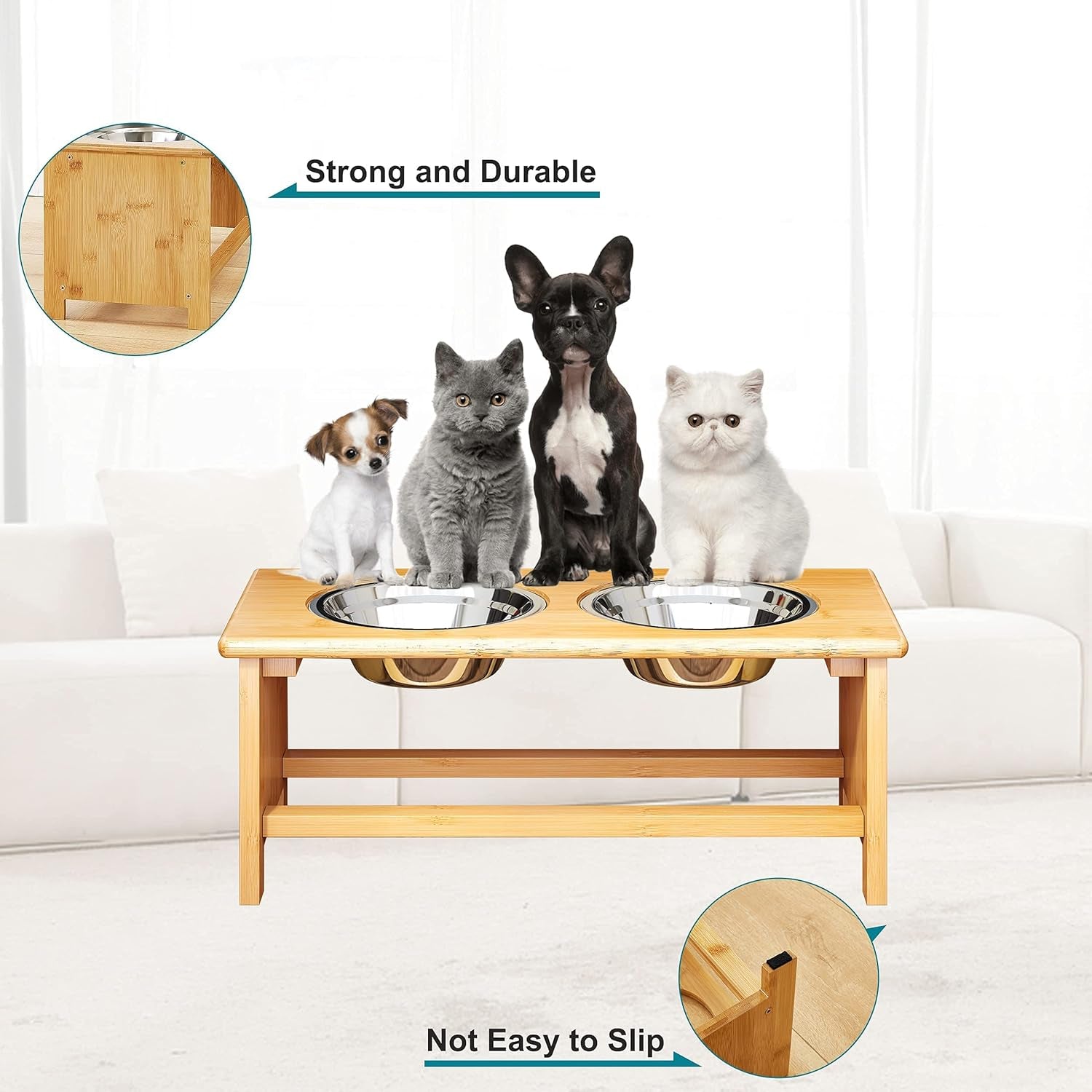Elevated Dog Bowls for Medium Dog Bowl Stand Bamboo Raised Dog Cat Bowl Food and Water Bowls Elevated Feeder with 2 Stainless Steel Bowls and anti Slip Feet - 4 Sizes for Small to Large Dogs