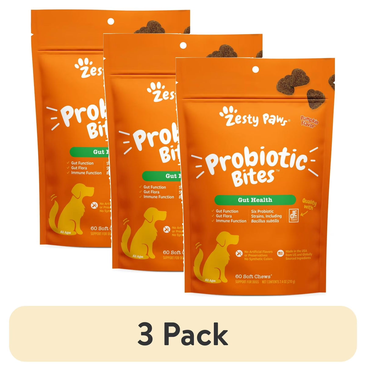 (3 Pack)  Probiotic Bites for Dogs, Pumpkin Flavor, 60 Count