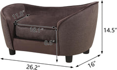 Pet Sofa Bed, Velvet & Linen Fabric Pet Couch Chair with Removeable & Washable Cushion for Small Dogs Cats (Brown)