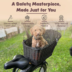 Natural Wicker Dog Bike Basket - 100% Organic Rattan Pet Carrier with Protective Grille - Eco Friendly Design - Soft Cotton Cushion & Mounting Bracket for Secure Bicycle Rear Luggage Rack
