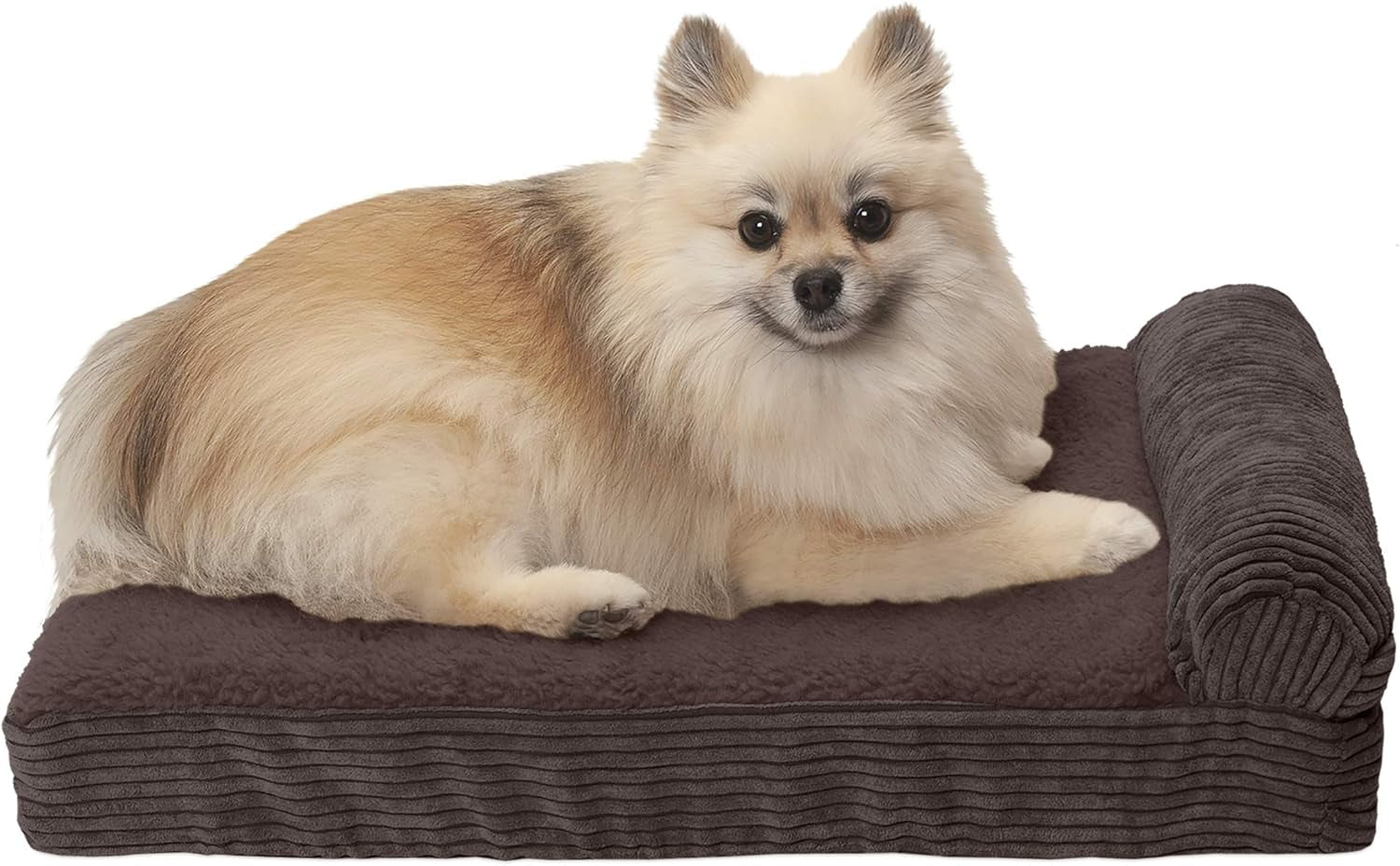 Memory Foam Dog Bed for Large/Medium Dogs W/ Removable Bolster & Washable Cover, for Dogs up to 55 Lbs - Quilted Fleece & Suede Print Bolster Chaise - Espresso, Large