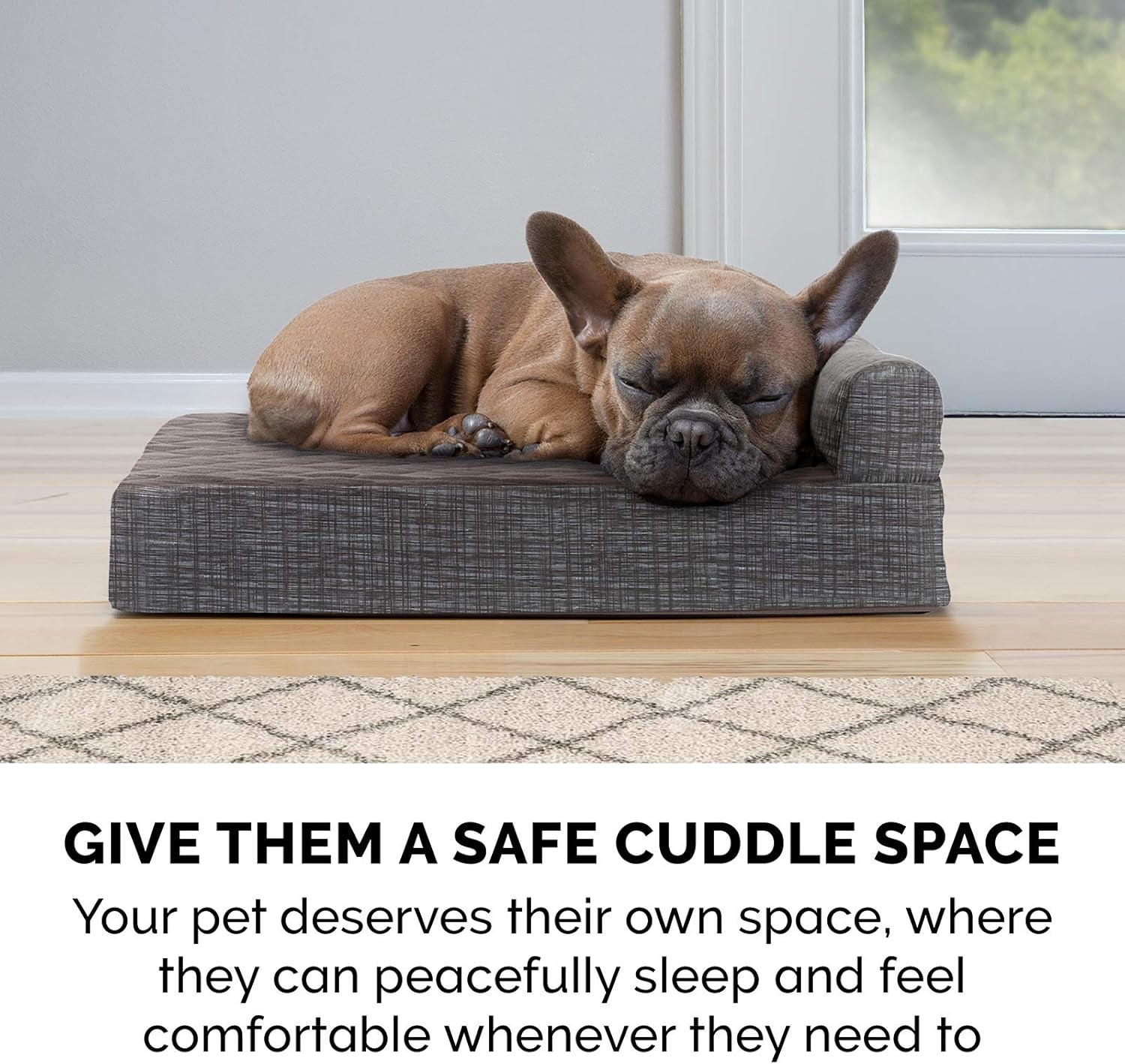 Memory Foam Dog Bed for Large/Medium Dogs W/ Removable Bolster & Washable Cover, for Dogs up to 55 Lbs - Quilted Fleece & Suede Print Bolster Chaise - Espresso, Large