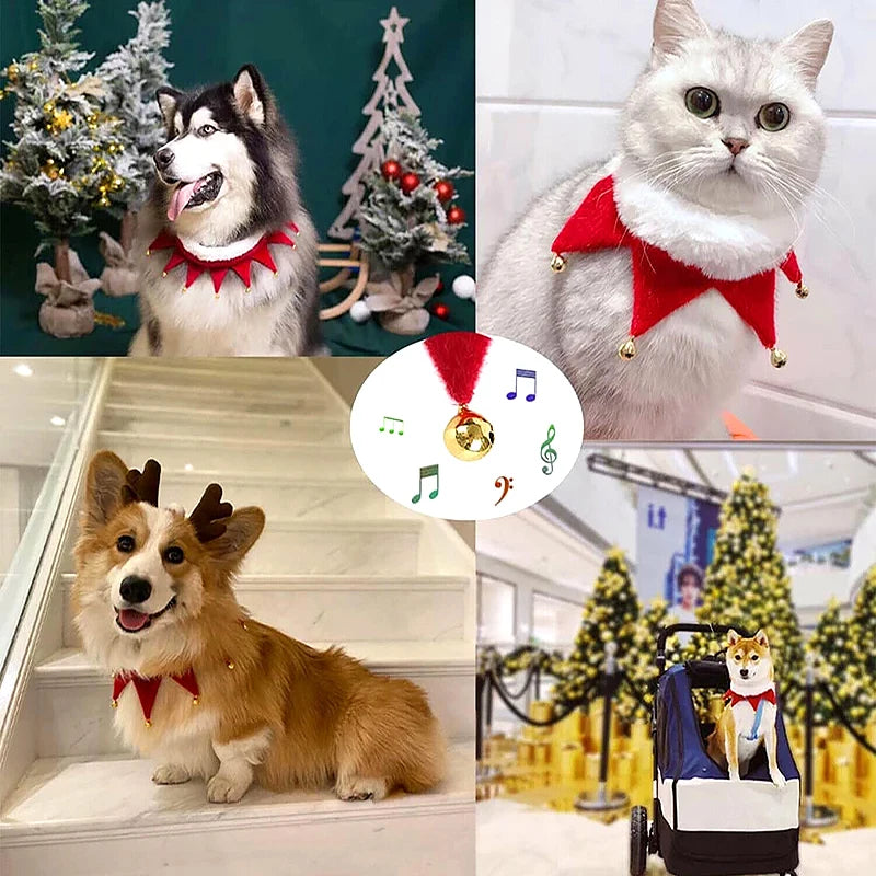 Adjustable Plush Dog Collar Cat Scarf with Bell Christmas Pet Decorate Accessories Pet Cute Tie Back Necklace Bandana Xmas Gifts