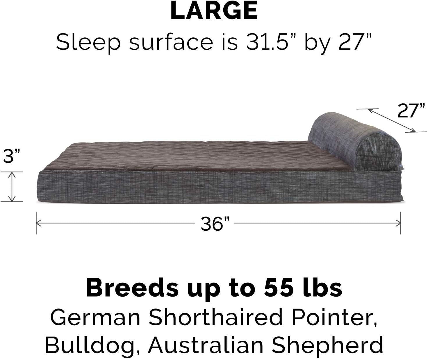 Memory Foam Dog Bed for Large/Medium Dogs W/ Removable Bolster & Washable Cover, for Dogs up to 55 Lbs - Quilted Fleece & Suede Print Bolster Chaise - Espresso, Large