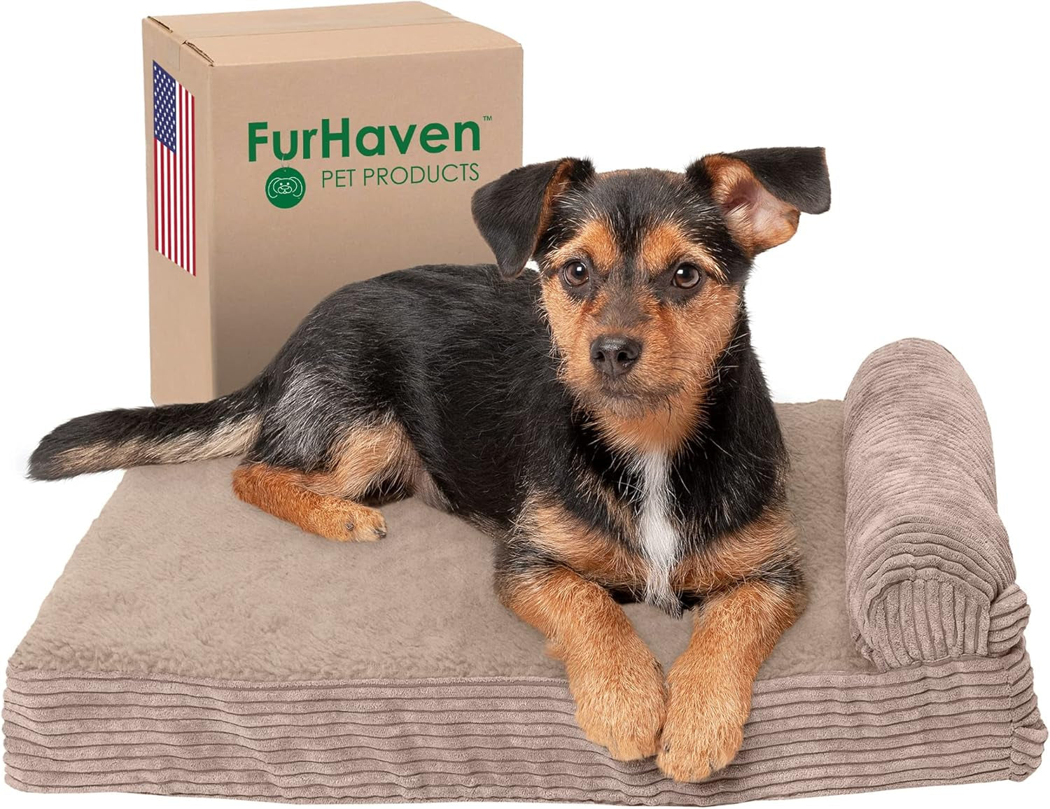 Memory Foam Dog Bed for Large/Medium Dogs W/ Removable Bolster & Washable Cover, for Dogs up to 55 Lbs - Quilted Fleece & Suede Print Bolster Chaise - Espresso, Large