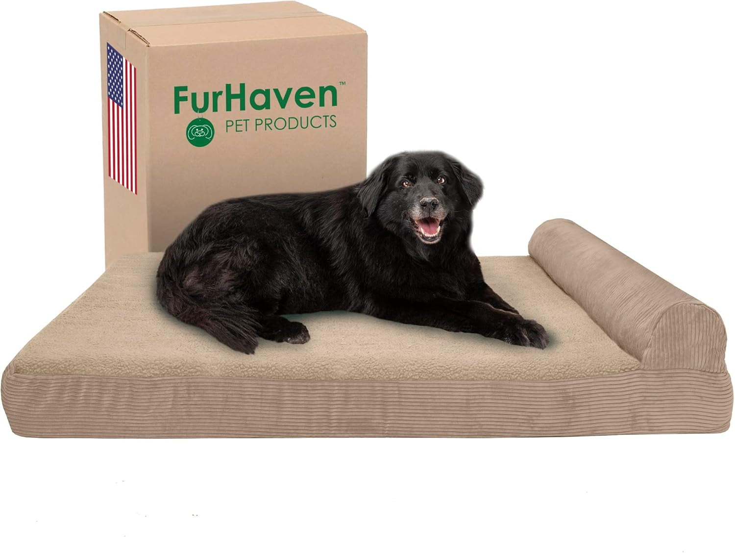 Memory Foam Dog Bed for Large/Medium Dogs W/ Removable Bolster & Washable Cover, for Dogs up to 55 Lbs - Quilted Fleece & Suede Print Bolster Chaise - Espresso, Large