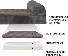 Memory Foam Dog Bed for Large/Medium Dogs W/ Removable Bolster & Washable Cover, for Dogs up to 55 Lbs - Quilted Fleece & Suede Print Bolster Chaise - Espresso, Large