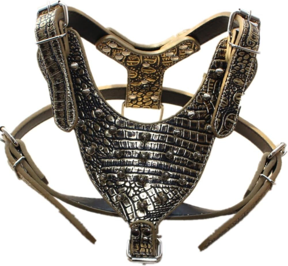 Leather Spiked Studded Medium & Large Dog Collars, Harnesses & Leashes 3Pcs Matching Set for Pit Bull,Mastiff, Boxer, Bull Terrier(Gold,L)
