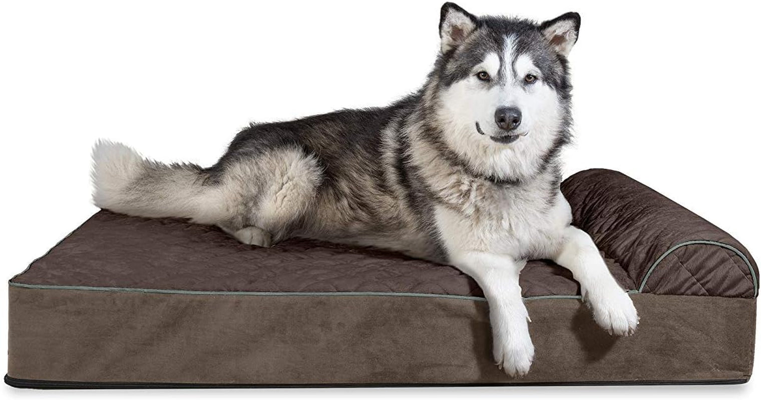 Memory Foam Dog Bed for Large/Medium Dogs W/ Removable Bolster & Washable Cover, for Dogs up to 55 Lbs - Quilted Fleece & Suede Print Bolster Chaise - Espresso, Large