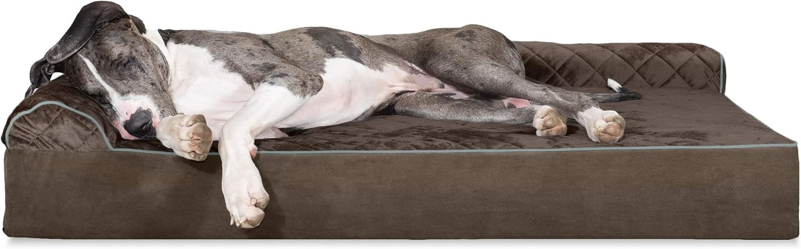 Memory Foam Dog Bed for Large/Medium Dogs W/ Removable Bolster & Washable Cover, for Dogs up to 55 Lbs - Quilted Fleece & Suede Print Bolster Chaise - Espresso, Large