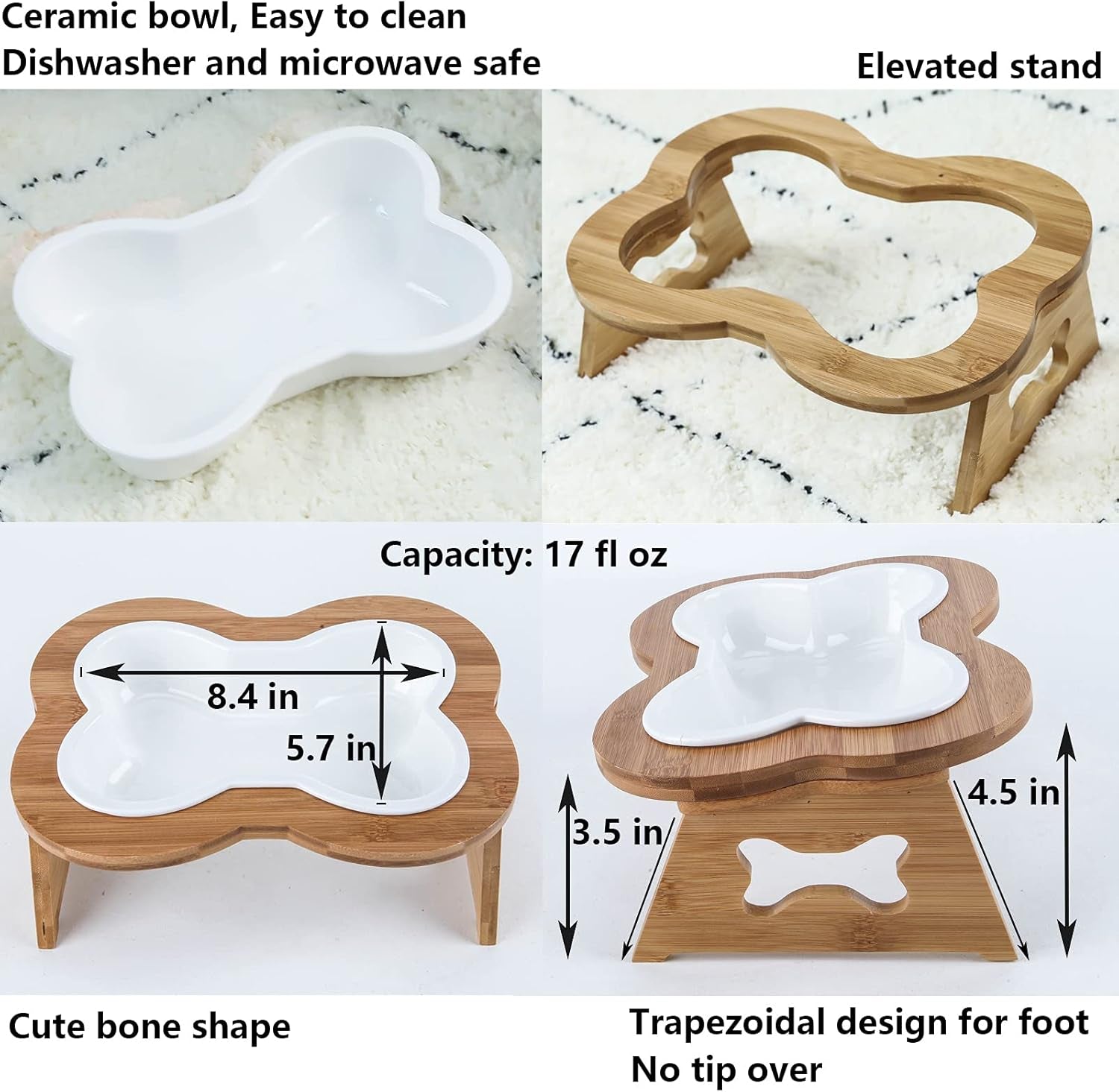 Elevated Ceramic Dog Bowl with Stand - Cute Raised Tilted anti Vomiting Cat Dish - Personalized Pet Feeder for Food and Water - Heavy Weighted No Tip over - Sized for Small/Medium Dog and Large Cat