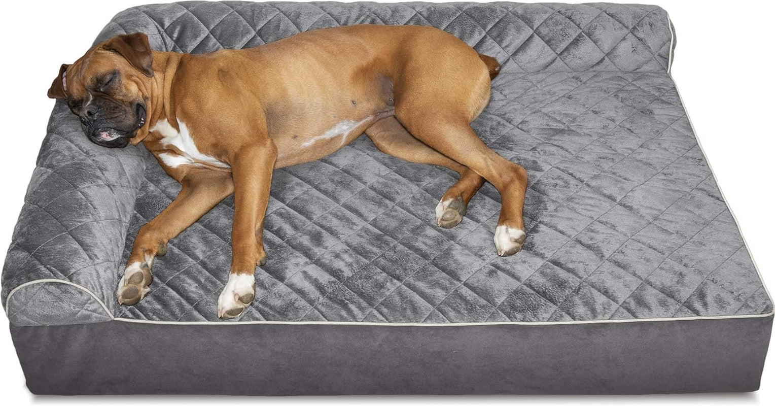 Memory Foam Dog Bed for Large/Medium Dogs W/ Removable Bolster & Washable Cover, for Dogs up to 55 Lbs - Quilted Fleece & Suede Print Bolster Chaise - Espresso, Large