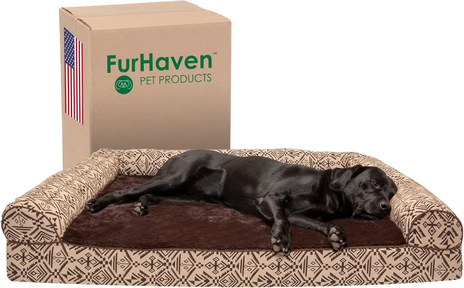 Memory Foam Dog Bed for Large/Medium Dogs W/ Removable Bolster & Washable Cover, for Dogs up to 55 Lbs - Quilted Fleece & Suede Print Bolster Chaise - Espresso, Large