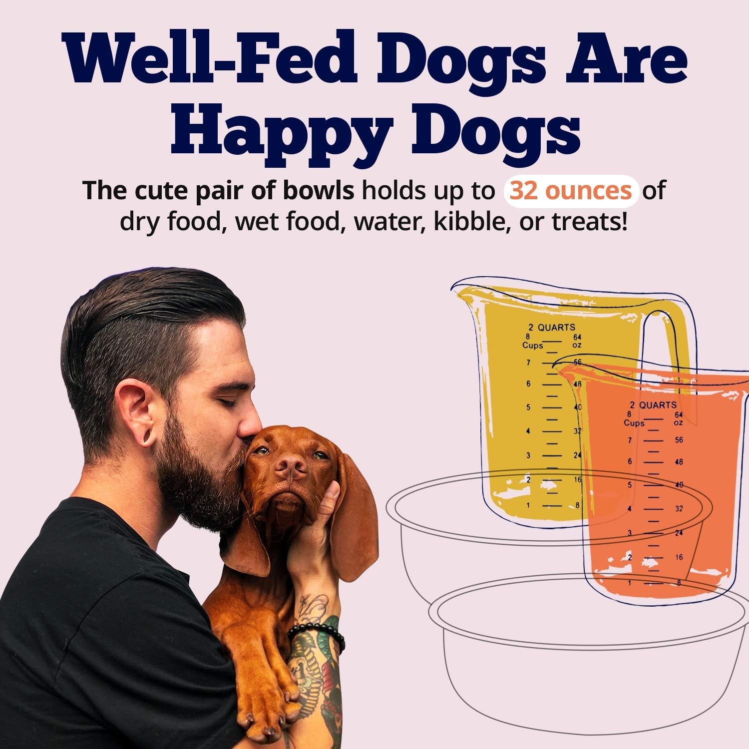 Dog Bowls, Set of 2 Non Skid Bamboo Bowls for Puppies and Dogs, 32Oz Each, Coral