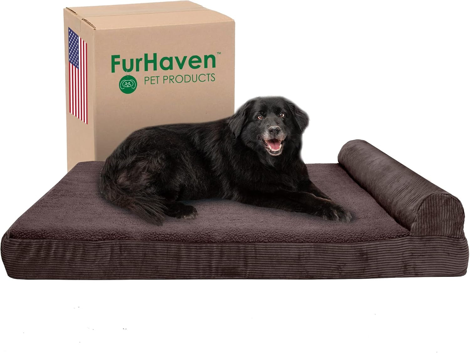 Memory Foam Dog Bed for Large/Medium Dogs W/ Removable Bolster & Washable Cover, for Dogs up to 55 Lbs - Quilted Fleece & Suede Print Bolster Chaise - Espresso, Large