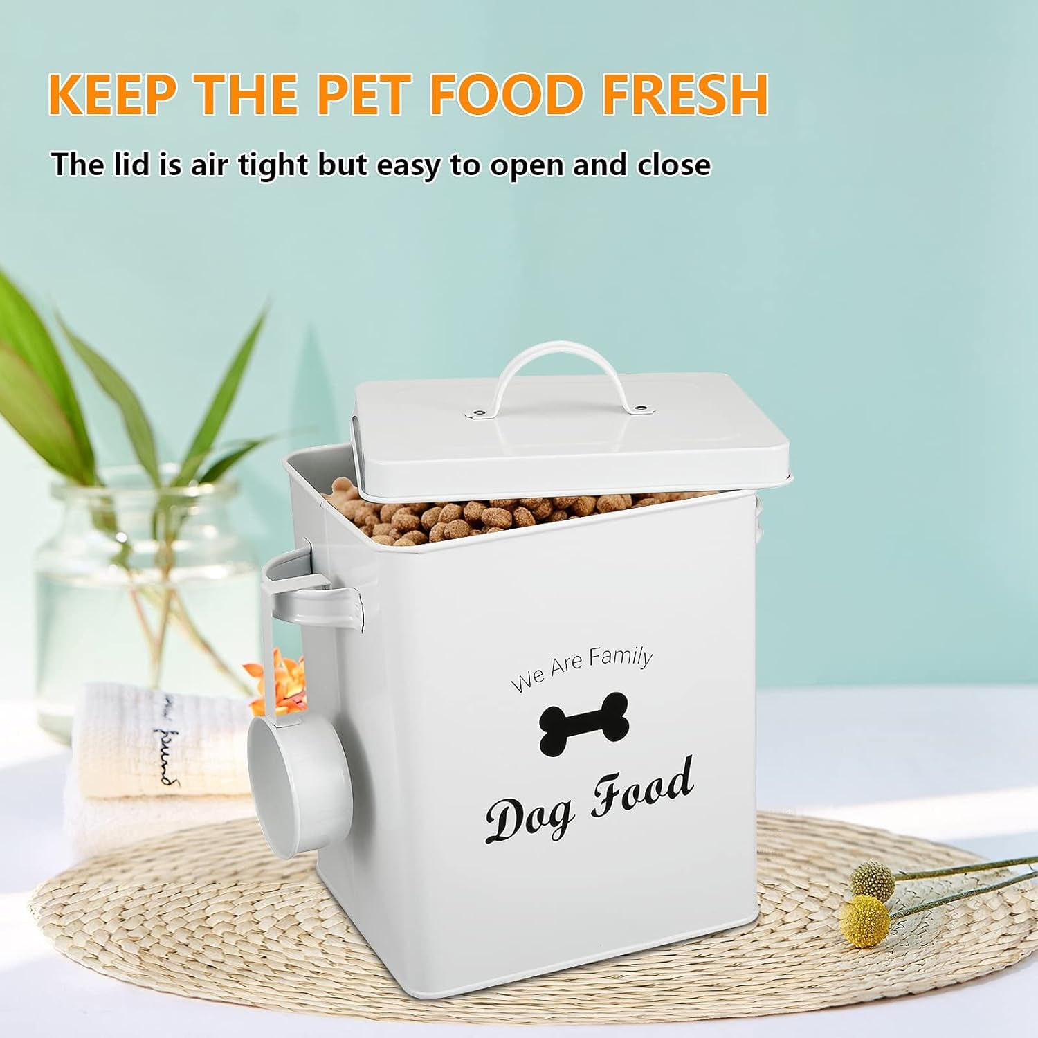 Pet Treat and Food Storage Tin with Lid - 5Lbs Capacity - Serving Scoop Included … -DOG