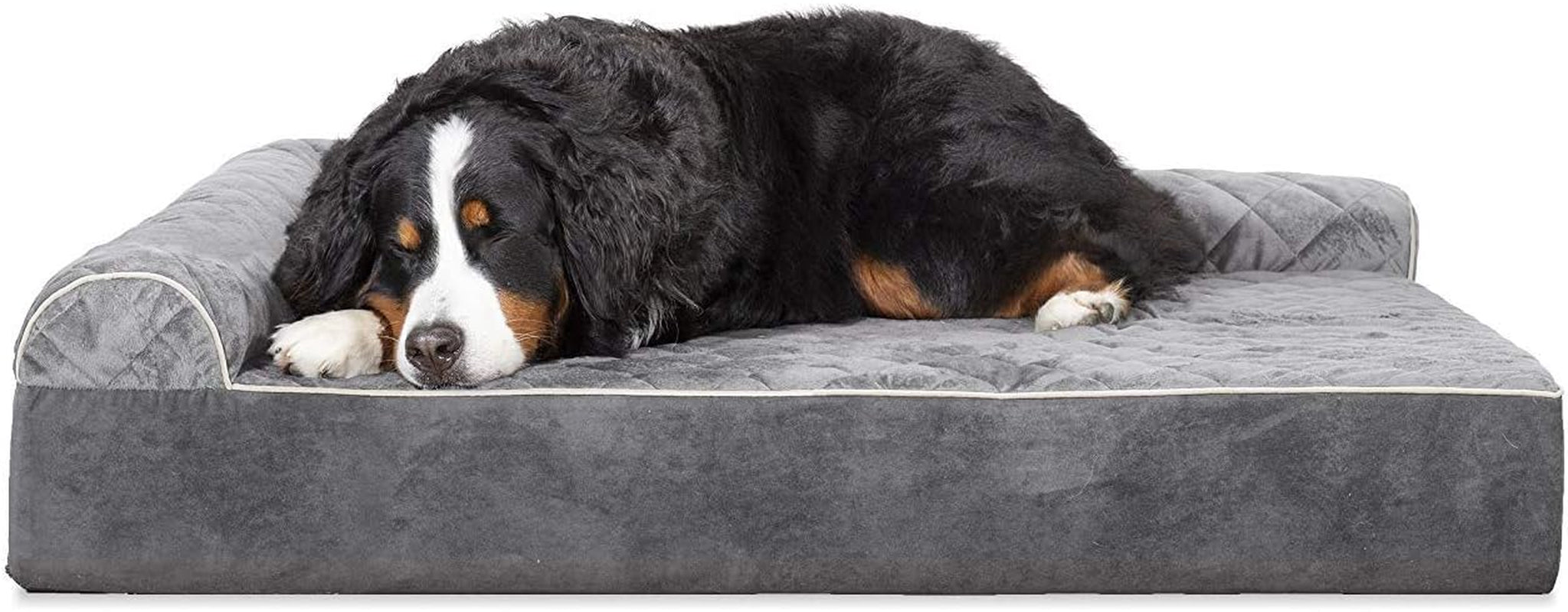 Memory Foam Dog Bed for Large/Medium Dogs W/ Removable Bolster & Washable Cover, for Dogs up to 55 Lbs - Quilted Fleece & Suede Print Bolster Chaise - Espresso, Large